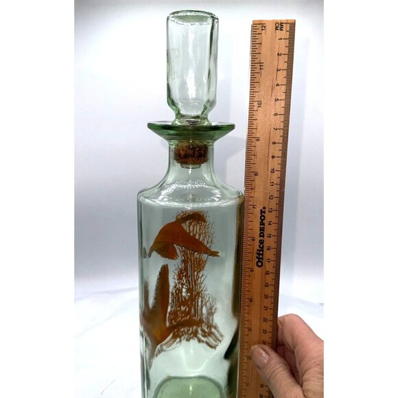 Vintage Green Glass Decanter With Cork Stopper & Orange Canadian Geese Design - Picture 11 of 13